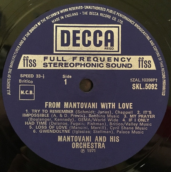 Mantovani And His Orchestra : From Mantovani With Love (LP, Album)