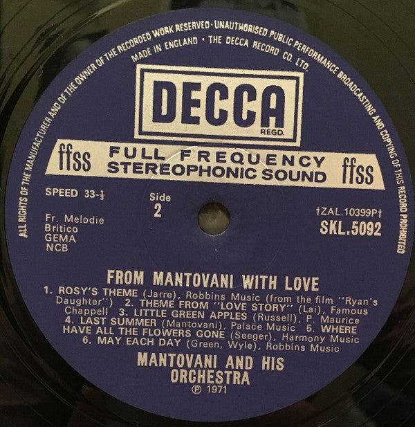 Mantovani And His Orchestra : From Mantovani With Love (LP, Album)