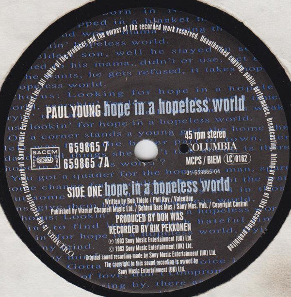 Paul Young : Hope In A Hopeless World (7", Single)
