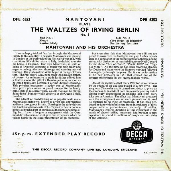 Mantovani And His Orchestra : Plays The Waltzes Of Irving Berlin (7", EP, RE)