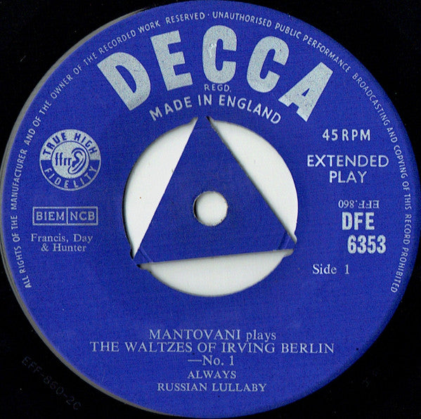 Mantovani And His Orchestra : Plays The Waltzes Of Irving Berlin (7", EP, RE)