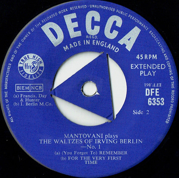 Mantovani And His Orchestra : Plays The Waltzes Of Irving Berlin (7", EP, RE)