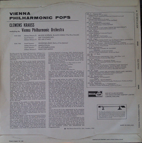 Clemens Krauss, Wiener Philharmoniker, Johann Strauss Jr., Johann Strauss Sr., Josef Strauß : Vienna Philharmonic Pops - Marches, Polkas And Waltzes By Johann & Josef Strauss (LP, Mono)