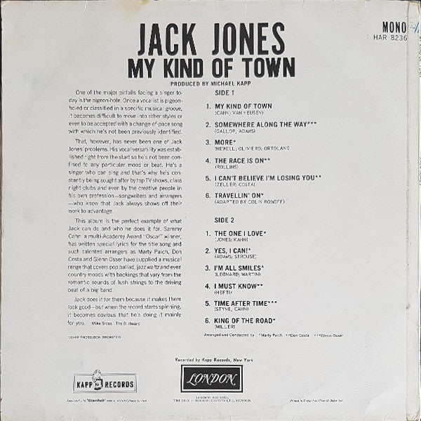 Jack Jones : My Kind Of Town (LP, Album, Mono)