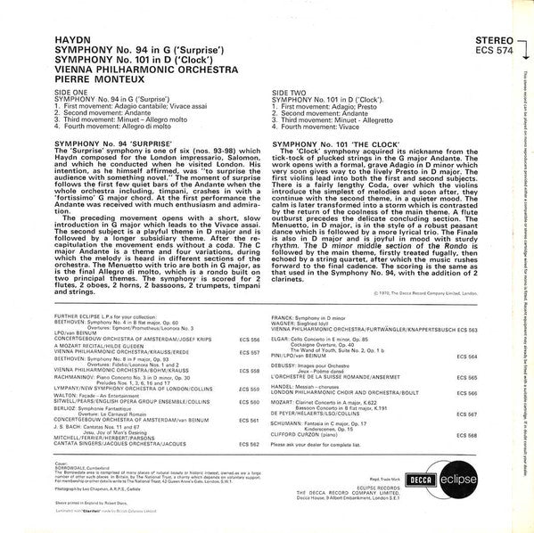 Joseph Haydn, Wiener Philharmoniker, Pierre Monteux : Symphony No. 94 In G ('Surprise') / Symphony No. 101 In D ('Clock') (LP, RE)