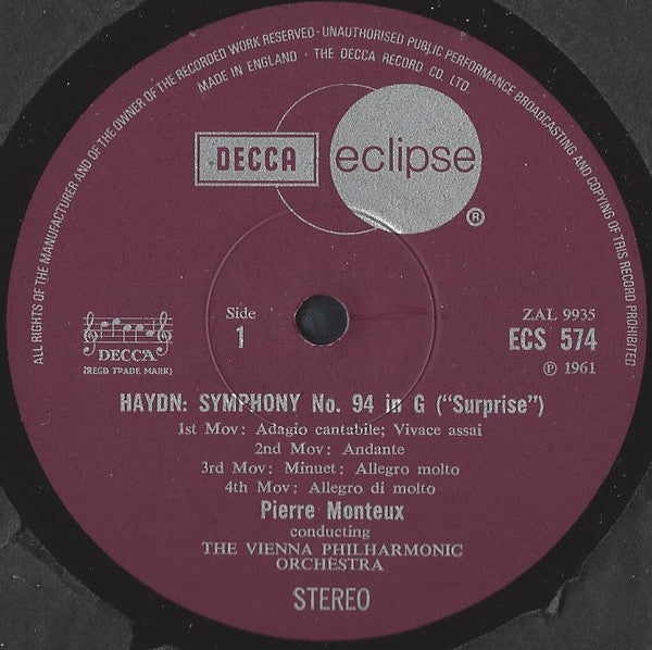 Joseph Haydn, Wiener Philharmoniker, Pierre Monteux : Symphony No. 94 In G ('Surprise') / Symphony No. 101 In D ('Clock') (LP, RE)