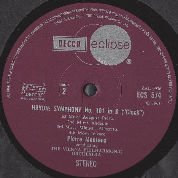 Joseph Haydn, Wiener Philharmoniker, Pierre Monteux : Symphony No. 94 In G ('Surprise') / Symphony No. 101 In D ('Clock') (LP, RE)