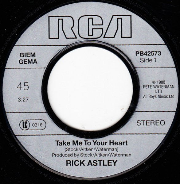 Rick Astley : Take Me To Your Heart (7", Single)