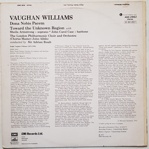Ralph Vaughan Williams - London Philharmonic Choir, London Philharmonic Orchestra Conducted By Sir Adrian Boult : Dona Nobis Pacem / Toward The Unknown Region (LP)