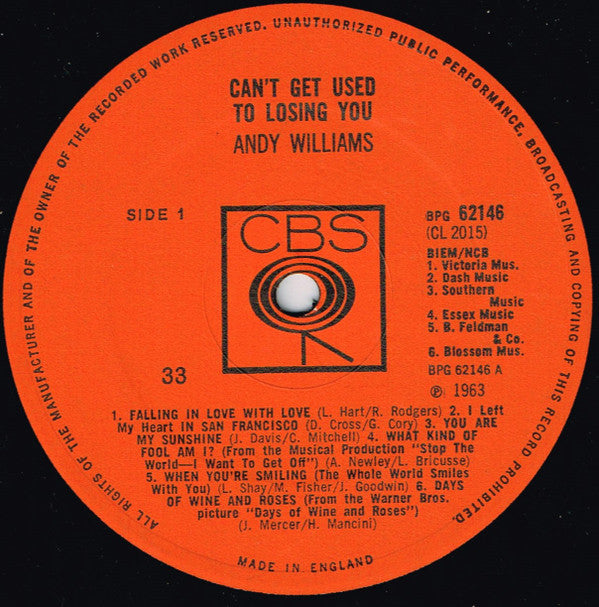 Andy Williams : Can't Get Used To Losing You (LP, Album, Mono)