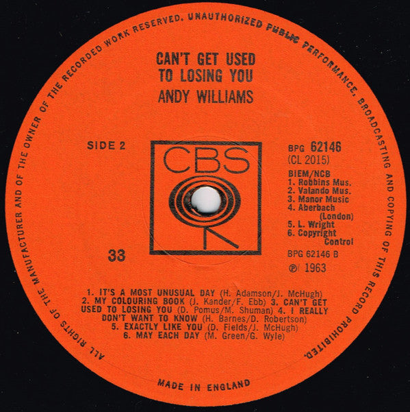 Andy Williams : Can't Get Used To Losing You (LP, Album, Mono)
