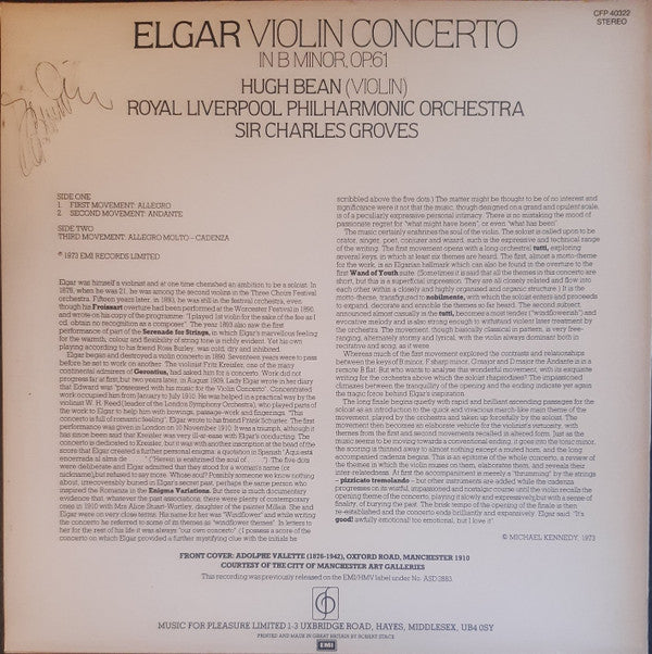 Sir Edward Elgar - Hugh Bean, Royal Liverpool Philharmonic Orchestra, Sir Charles Groves : Violin Concerto In B Minor Op.61 (LP, RE)