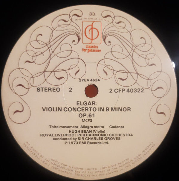 Sir Edward Elgar - Hugh Bean, Royal Liverpool Philharmonic Orchestra, Sir Charles Groves : Violin Concerto In B Minor Op.61 (LP, RE)