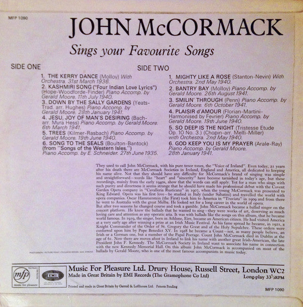 John McCormack (2) : Sings Your Favourite Songs (LP, Comp, Mono)