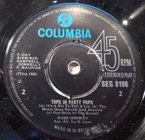 Russ Conway : Tops In Party Pops (7", EP, Mono)