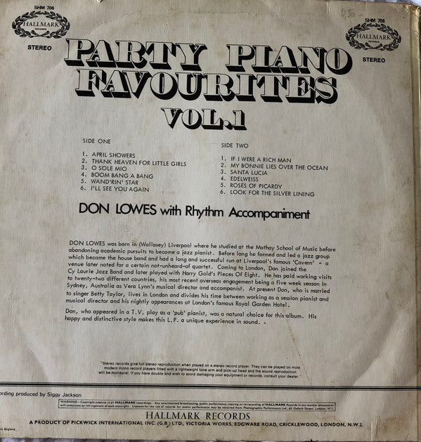 Don Lowes : Party Piano Favourites Vol. 1 (LP, Album)