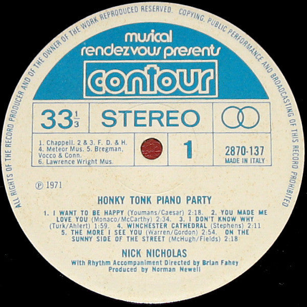 Nick Nicholas : Honky Tonk Piano Party (LP, Album, Mad)