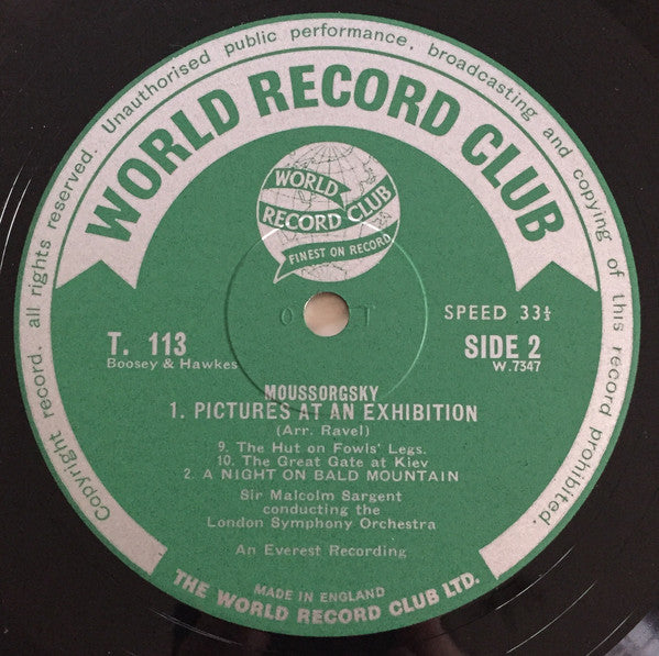 Moussorgsky*, Sir Malcolm Sargent, London Symphony Orchestra : Pictures At An Exhibition / A Night On Bald Mountain (LP, Mono, Club)