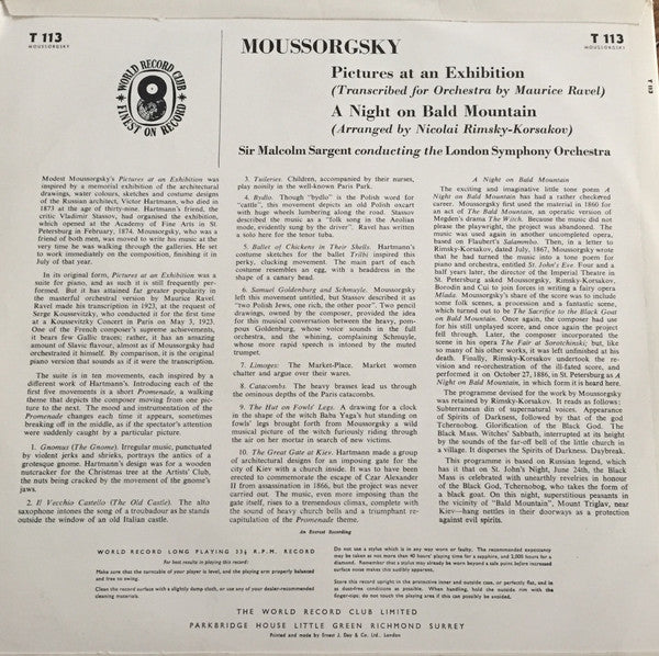Moussorgsky*, Sir Malcolm Sargent, London Symphony Orchestra : Pictures At An Exhibition / A Night On Bald Mountain (LP, Mono, Club)