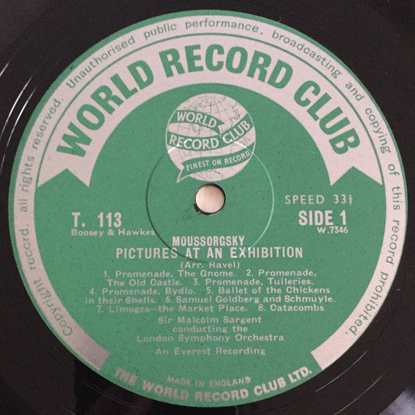 Moussorgsky*, Sir Malcolm Sargent, London Symphony Orchestra : Pictures At An Exhibition / A Night On Bald Mountain (LP, Mono, Club)