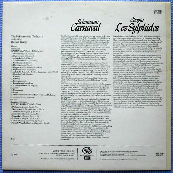 Frédéric Chopin / Robert Schumann - Philharmonia Orchestra, Robert Irving (2) : Les Sylphides / Carnaval (LP)