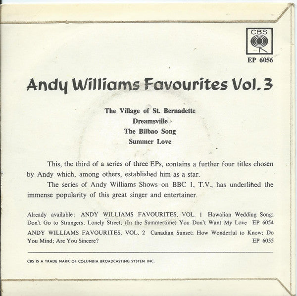 Andy Williams : Andy Williams Favourites Volume 3 (7")