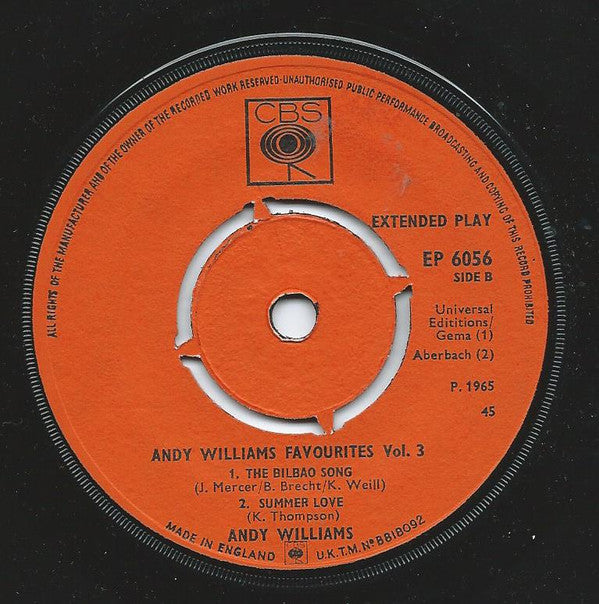 Andy Williams : Andy Williams Favourites Volume 3 (7")