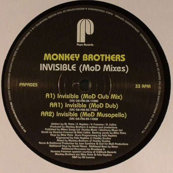 The Monkey Brothers : Invisible (MoD Mixes) (12")