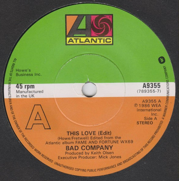 Bad Company (3) : This Love (7", Single, Ltd, Pat)
