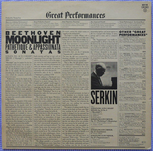 Ludwig van Beethoven : Rudolf Serkin : Moonlight Pathetique & Appassionata Sonatas (LP, RE, RM)