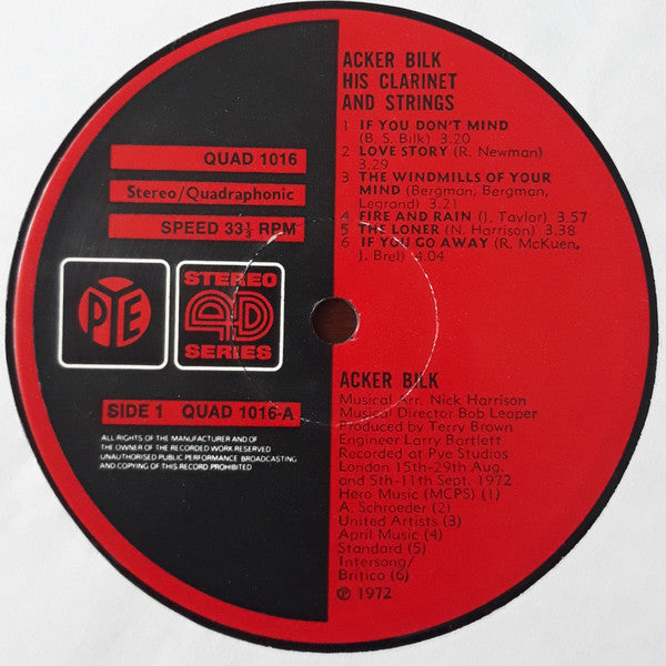 Acker Bilk : His Clarinet & Strings (LP, Quad, PYE)