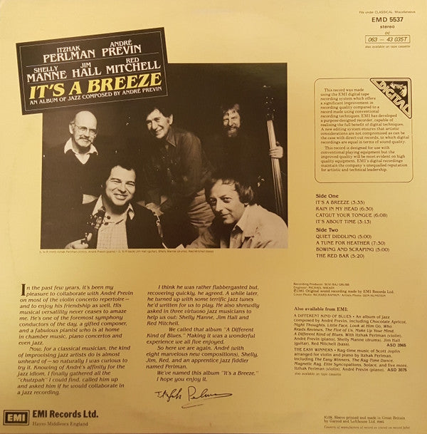 Itzhak Perlman, André Previn, Shelly Manne, Jim Hall, Red Mitchell : It's A Breeze (LP, Album)