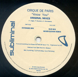 Cirque De Paris : Know You (Original Mixes) (12")
