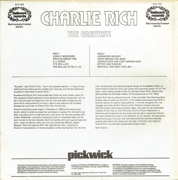 Charlie Rich : The Greatest! (LP, Comp)