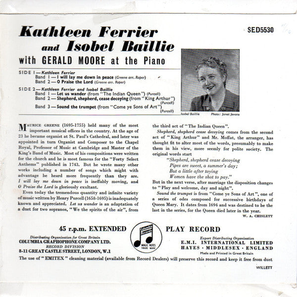 Kathleen Ferrier And Isobel Baillie With Gerald Moore : I Will Lay Me Down In Peace (7", EP, Blu)