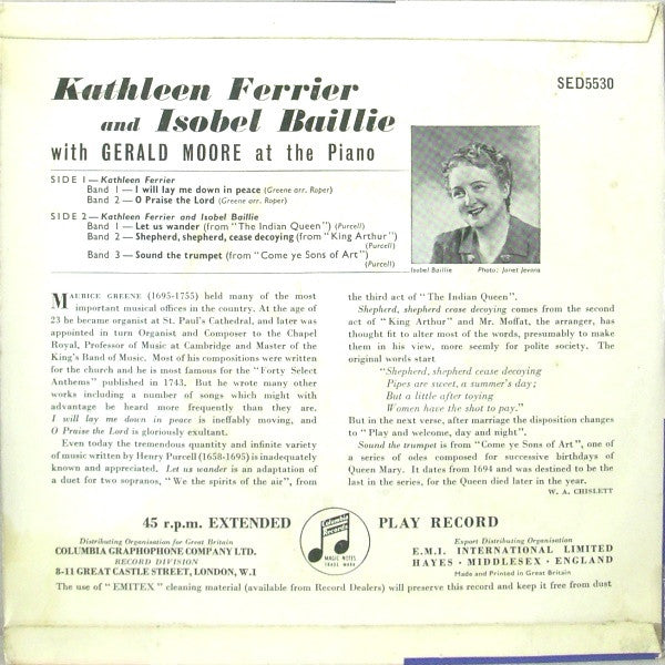 Kathleen Ferrier And Isobel Baillie With Gerald Moore : I Will Lay Me Down In Peace (7", EP, Blu)