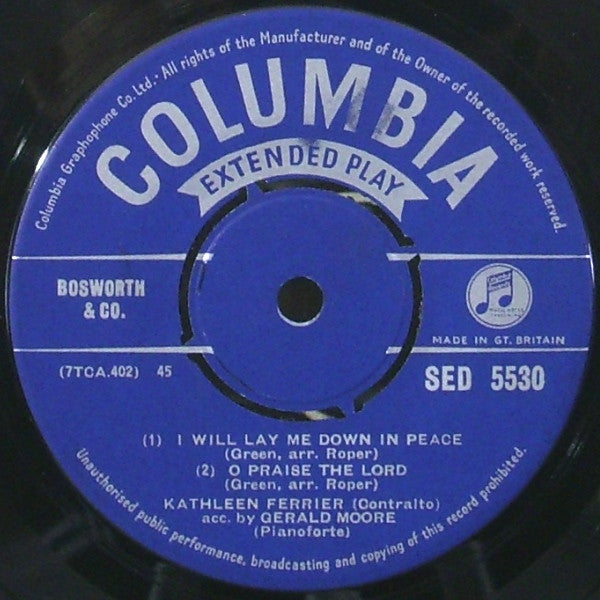 Kathleen Ferrier And Isobel Baillie With Gerald Moore : I Will Lay Me Down In Peace (7", EP, Blu)