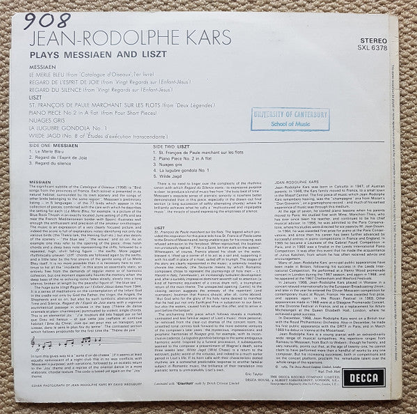 Jean-Rodolphe Kars Plays Olivier Messiaen And Franz Liszt : Jean-Rodolphe Kars Plays Messiaen And Liszt (LP, Album)
