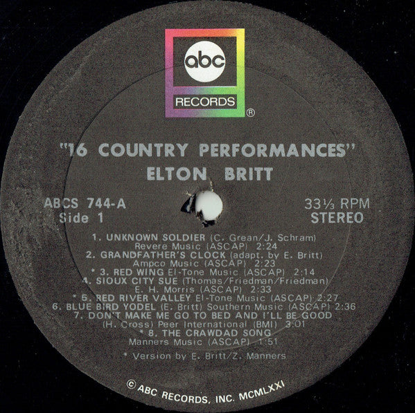 Elton Britt : Sixteen Great Country Performances (LP, Album, Comp)