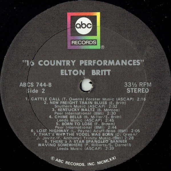 Elton Britt : Sixteen Great Country Performances (LP, Album, Comp)