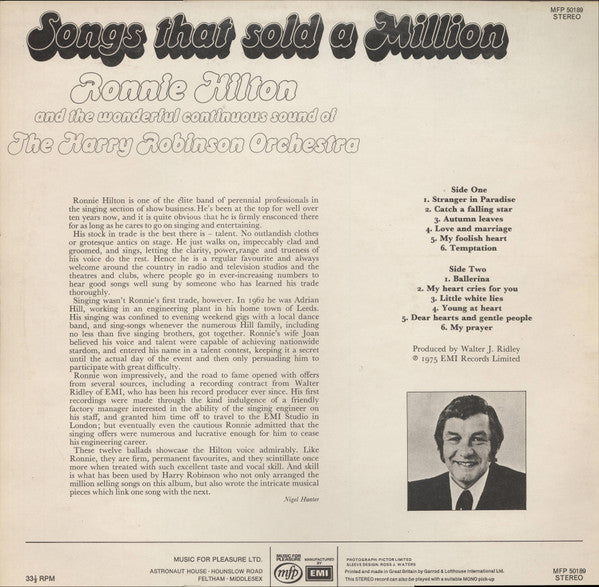 Ronnie Hilton And The Wonderfully Continuous Sound Of Harry Robinson And His Orchestra : Songs That Sold A Million (LP, Comp)