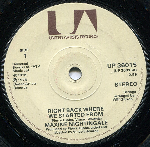 Maxine Nightingale : Right Back Where We Started From (7", Single, Sol)