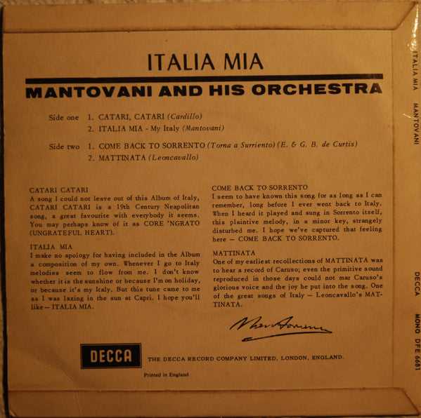 Mantovani : Italia Mia (7", EP, Mono)