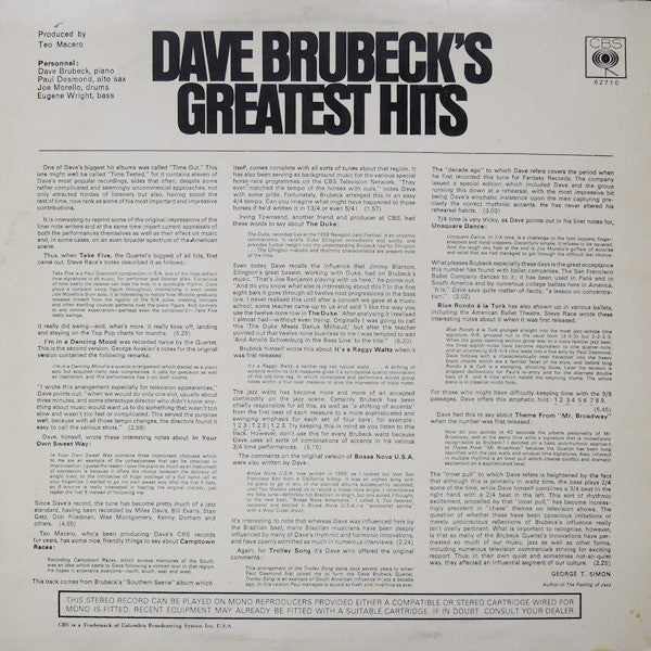 Dave Brubeck : Dave Brubeck's Greatest Hits (LP, Comp)
