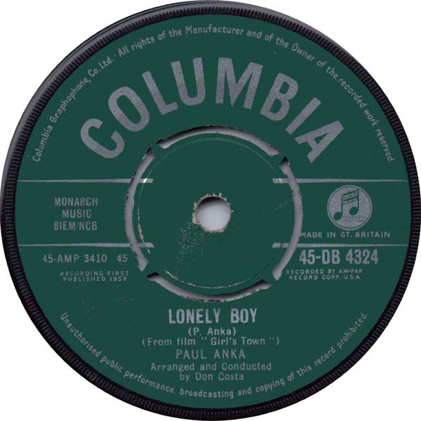 Paul Anka : Lonely Boy (7", Single)
