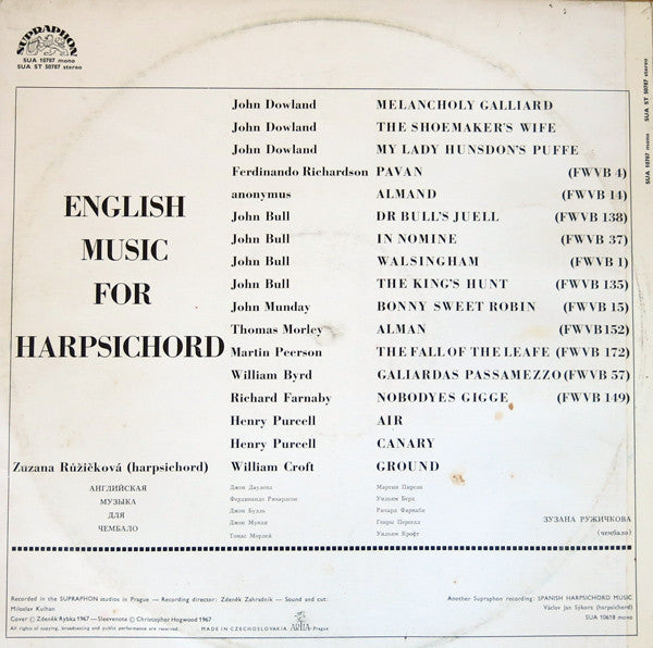 Zuzana Růžičková : English Music For Harpsichord (LP, Album)