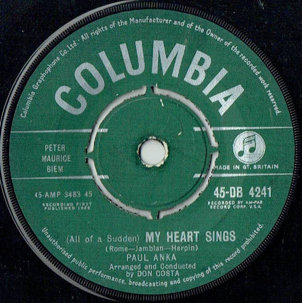 Paul Anka : (All Of A Sudden) My Heart Sings (7")