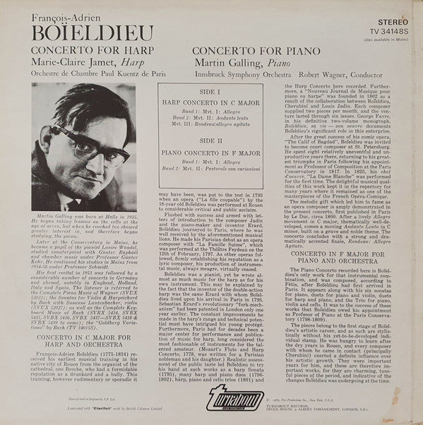 François-Adrien Boieldieu, Martin Galling, Marie-Claire Jamet : Concerto For Piano / Concerto For Harp (LP)