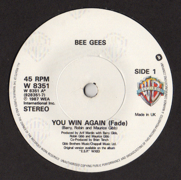 Bee Gees : You Win Again (7", Single, Pap)
