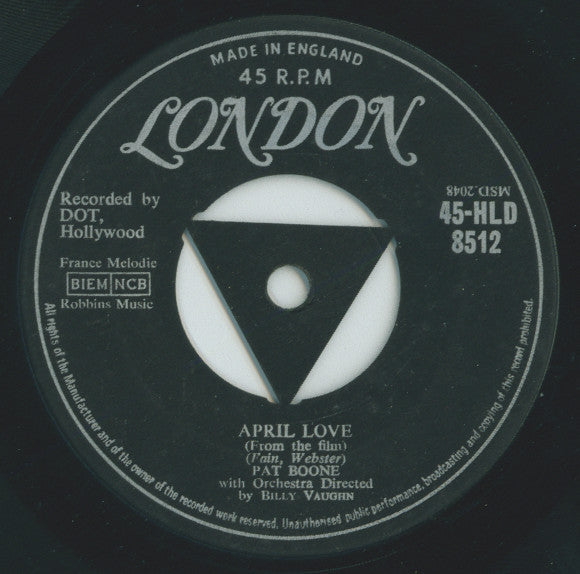 Pat Boone : April Love (7", Single, Tri)